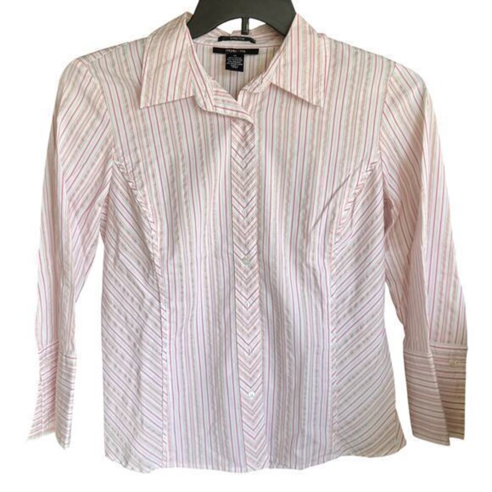 STYLE & CO. Y2K pink metallic stripe button up chevron dramatic 3/4 Sleeve sz 10